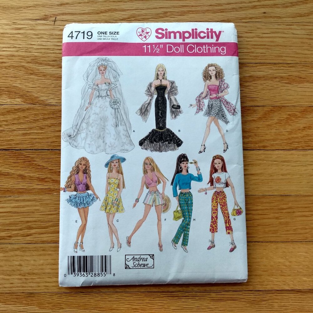Vintage 2000s 11.5" Fashion Doll Clothes Sewing Pattern Wedding Gown Simplicity